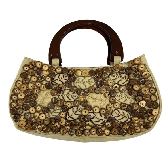 Coldwater Creek Buttons & Beads Canvas Handle Tan Handbag - Picture 3 of 7